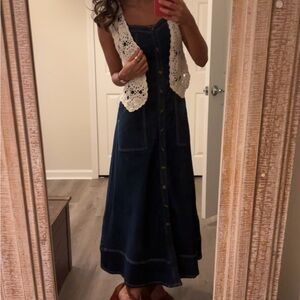 Denim Maxi Dress with Crochet Vest